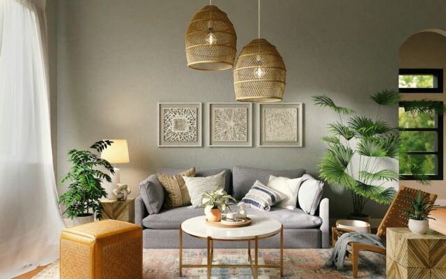 Living room with brown wooden table and chairs by S DEV Construction